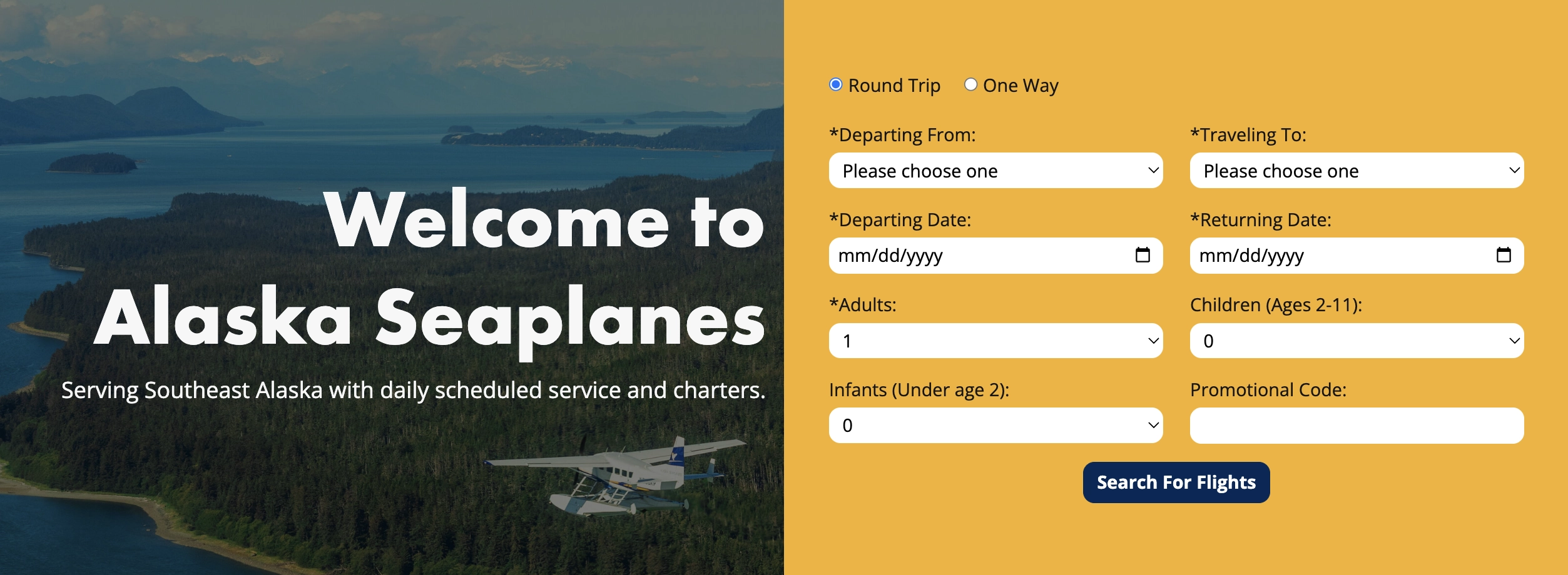 Alaska Seaplanes booking interface showing the TakeFlite integration