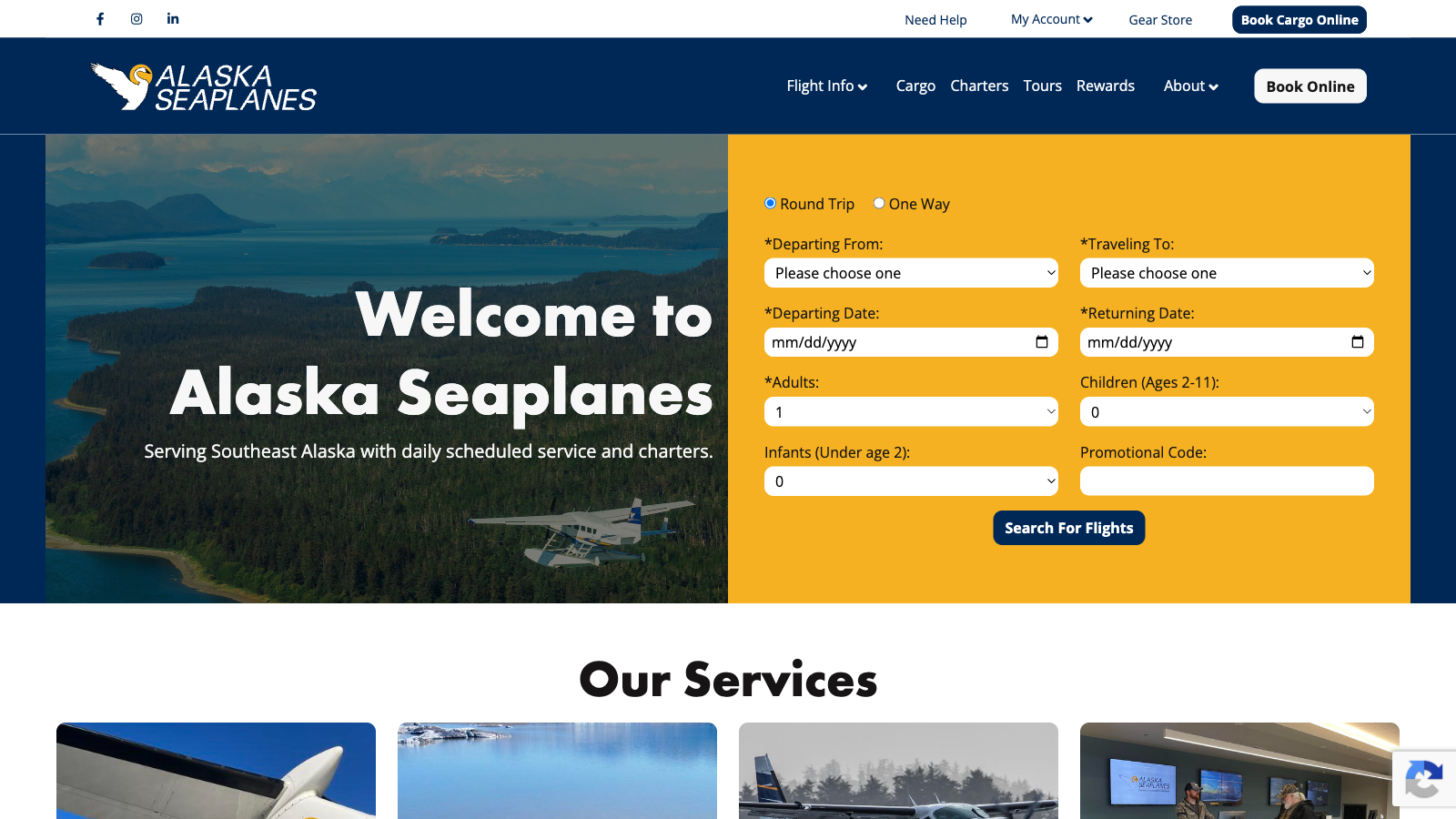Screenshot of the Fly Alaska Seaplanes website featuring scenic Alaska destinations, flight services, travel information, and responsive website design.