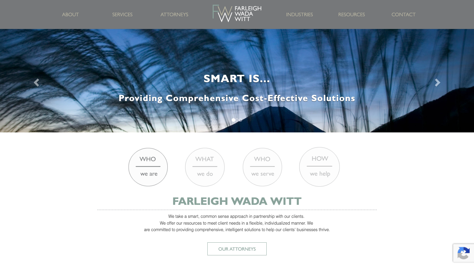 Screenshot of the Farleigh Wada Witt law firm website featuring legal service information, attorney profiles, and responsive website design.