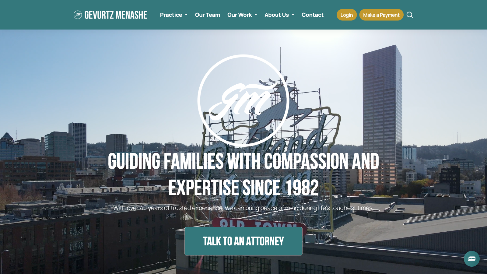 Screenshot of the Gevurtz Menashe website featuring family law services, attorney information, educational resources, and responsive website design.
