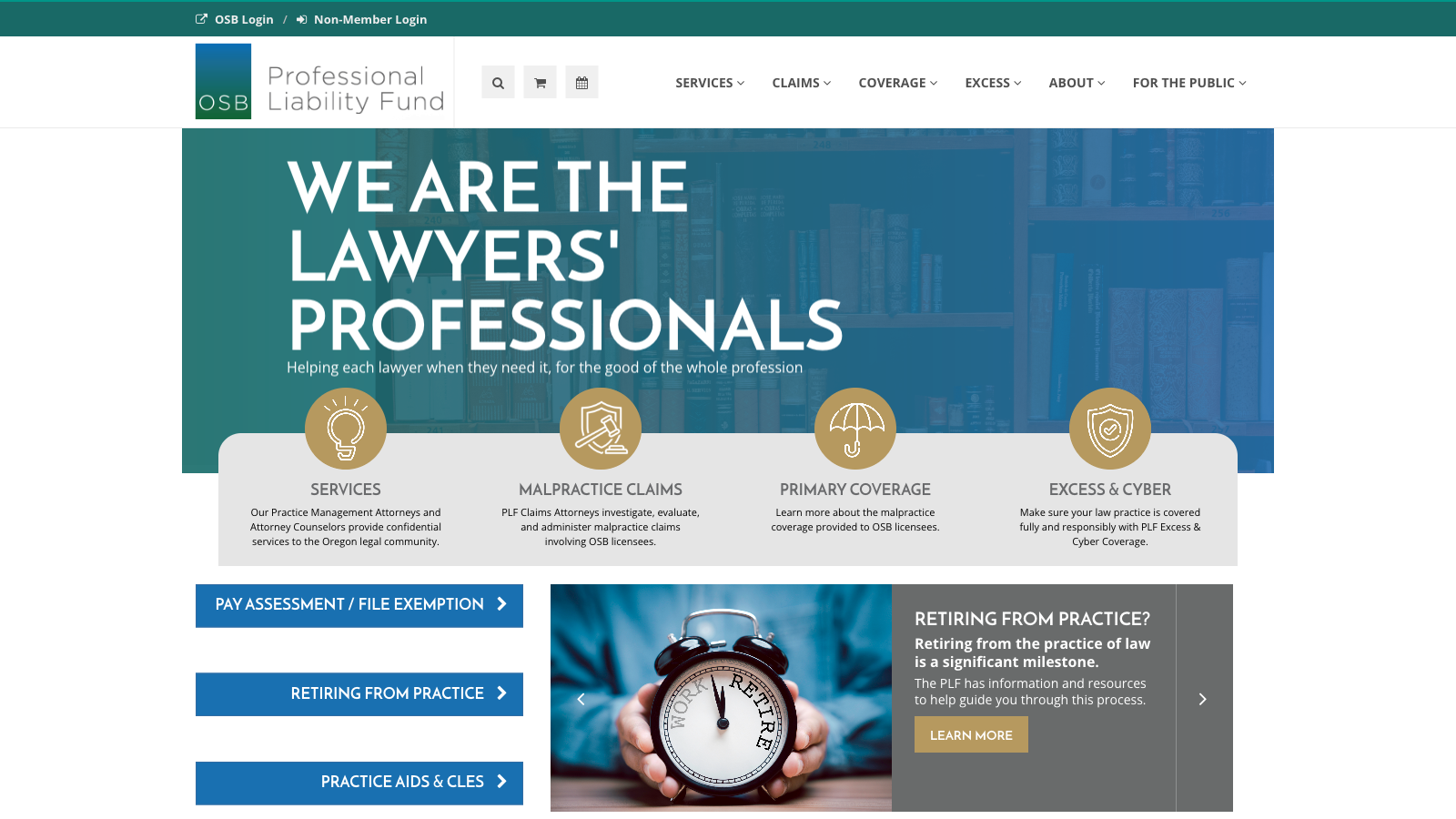 Screenshot of the Oregon State Bar Professional Liability Fund website featuring attorney resources, risk management guidance, educational content, and responsive website design.