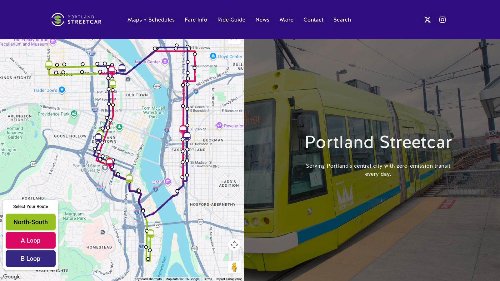 Screenshot of the Portland Streetcar website featuring route information, schedules, rider resources, service updates, and responsive website design.